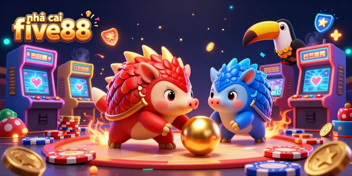 Engage in thrilling gaming with nhà cái five88, featuring pangolins competing amidst riches and retro arcade excitement.