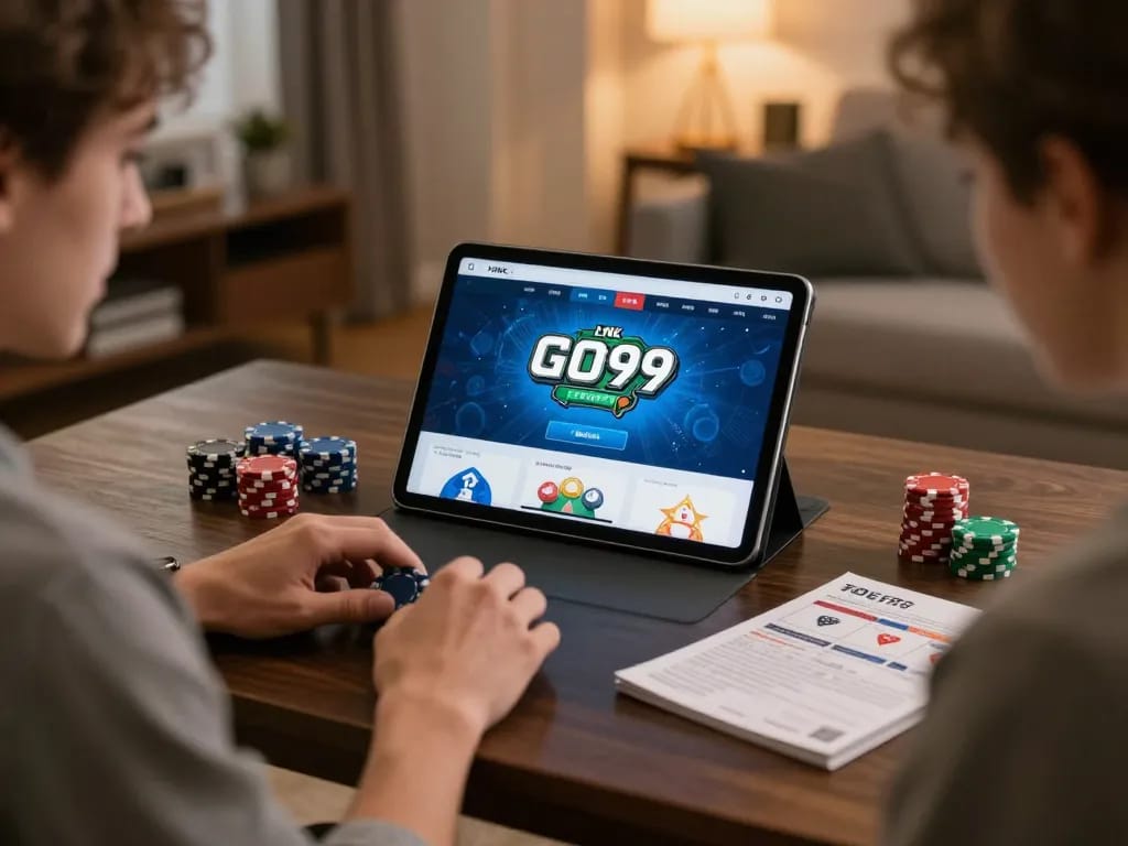 Using LINK GO99 app for strategic online gaming with cozy home setup and poker chips
