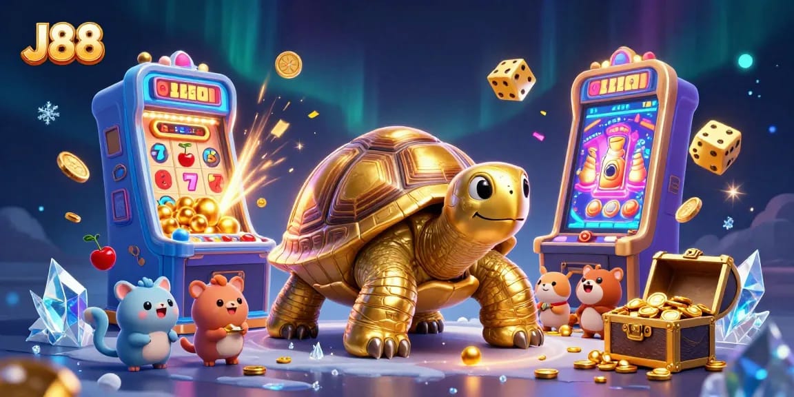 Engage in thrilling slot play with J88 characters and festive casino elements.
