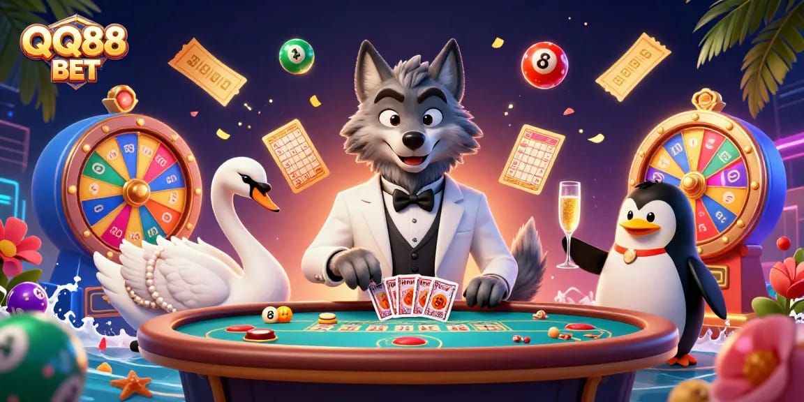 Experience exciting wins with QQ88 BET, featuring colorful lottery balls and vibrant casino elements in a lively scene.