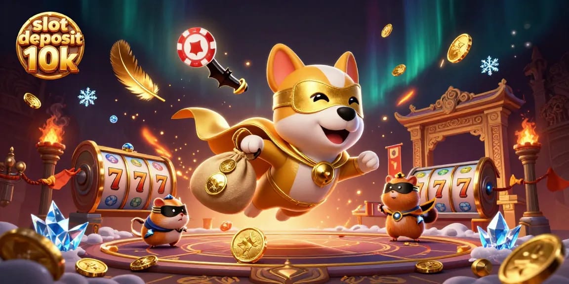 Experience excitement with slot deposit 10k in a fun 3D casino scene featuring a superhero dog.