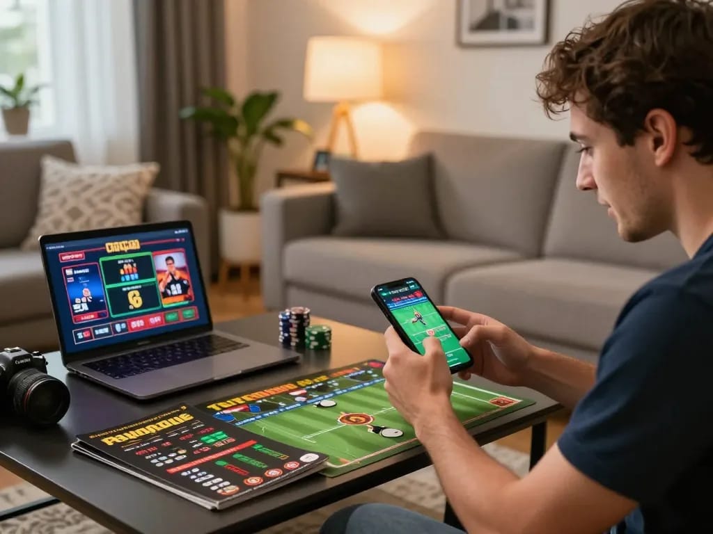 Player accessing 68win mobile app for sports betting in a cozy, inviting living room setting.
