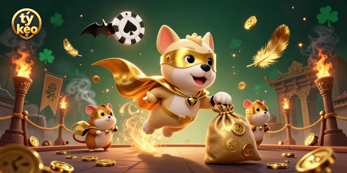 Engage with tỷ lệ kèo through an exciting illustration of a superhero dog in a dynamic casino setting.