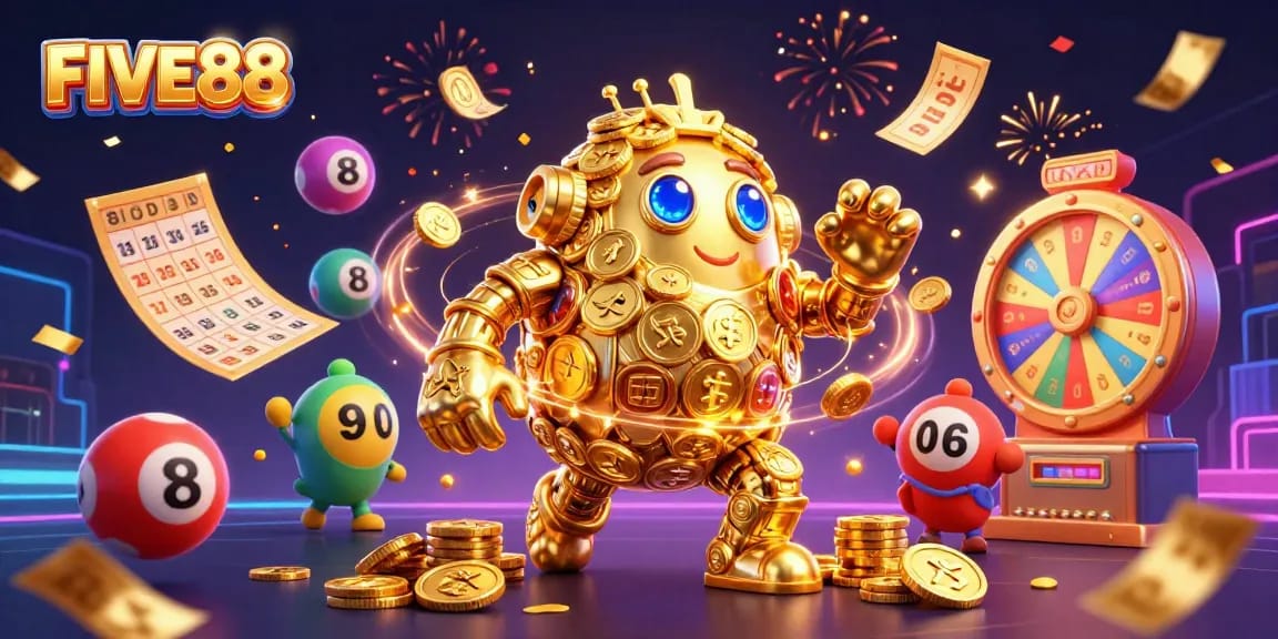Engage with FIVE88's vibrant casino experience featuring dynamic gambling elements and a golden golem.