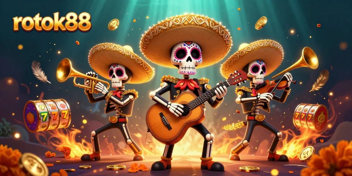 Experience excitement at rokok88 with vibrant illustrations of a mariachi band and slot elements.