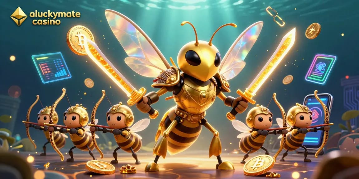 Engage with aluckymate casino as golden hornet samurai leads a vibrant gambling realm with crypto elements.