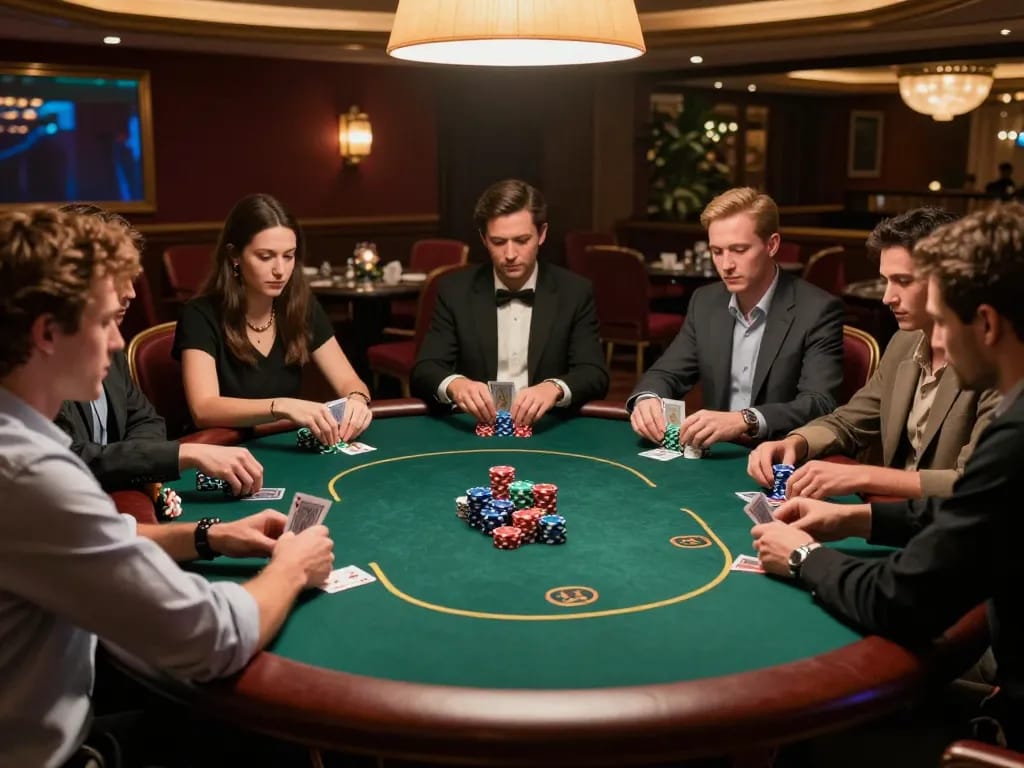 Engaging players at a high-stakes poker game in a luxurious setting at 688v casino, showcasing strategic moments.
