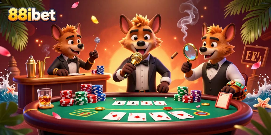 Experience the lively comedy casino scene at 88ibet with hyenas entertaining guests, mixing drinks, and ensuring security.
