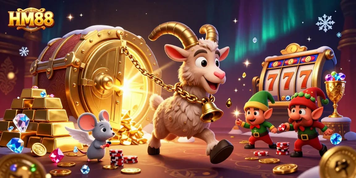Engage in thrilling action at HM88's casino with Krampus, an angel mouse, and elf gremlins amidst gold coins and slot machines.