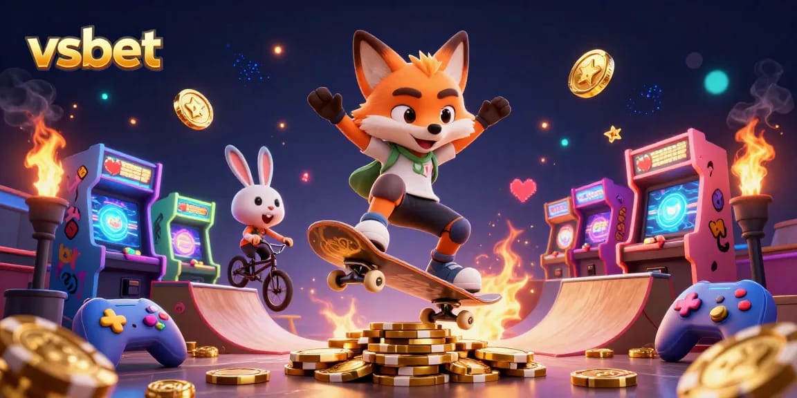 Exciting vsbet scene with a skateboarder fox and BMX rabbit amidst glowing arcade games and casino decor.