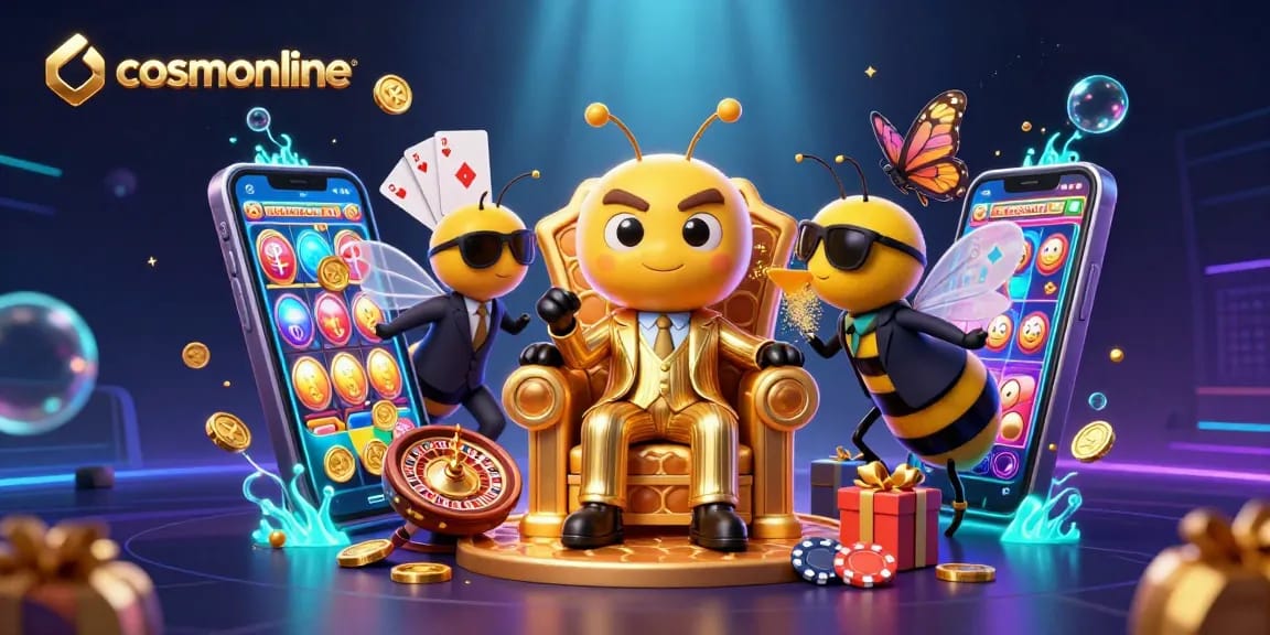 Engage with cosmonline's vibrant casino scene featuring a cartoon bumblebee mob boss surrounded by gaming elements.