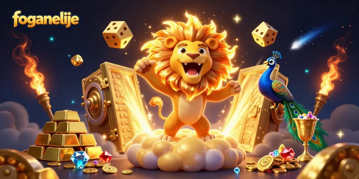 Join the fun at foganelije with a golden lion and dice in a vibrant online casino scene.