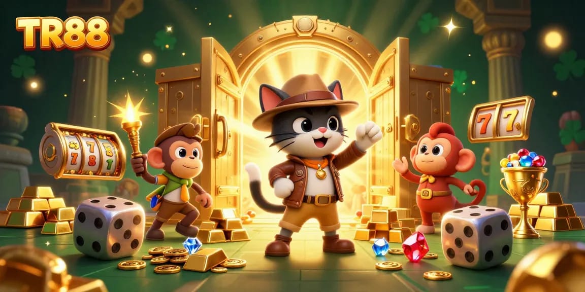 TR88 showcases an explorer cat discovering a golden casino artifact amidst sparkling treasures.
