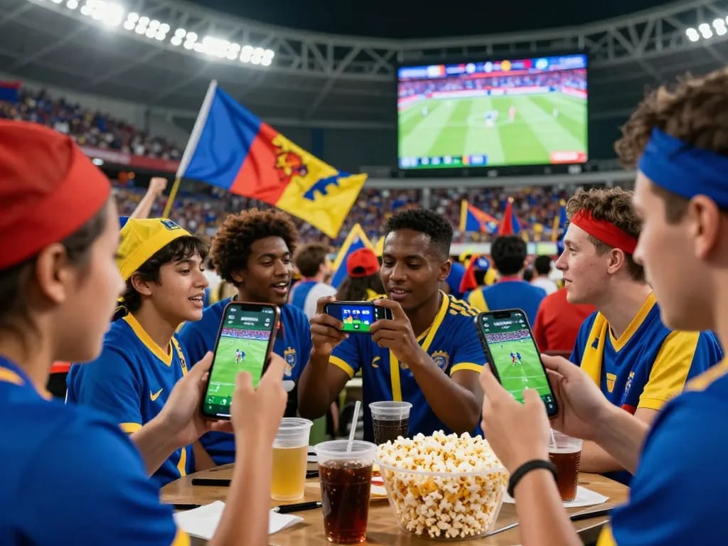 Football fans using the NOWGOAL app for live score updates, showcasing excitement in a stadium environment.