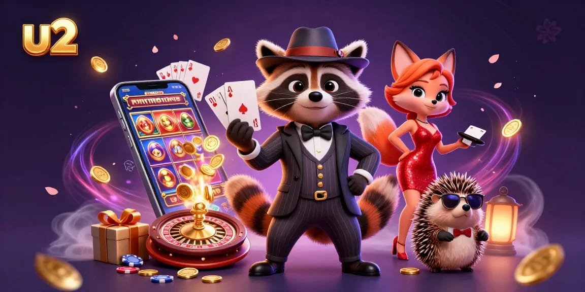 Experience thrilling casino action with u2 as a suave raccoon in dazzling 3D art.