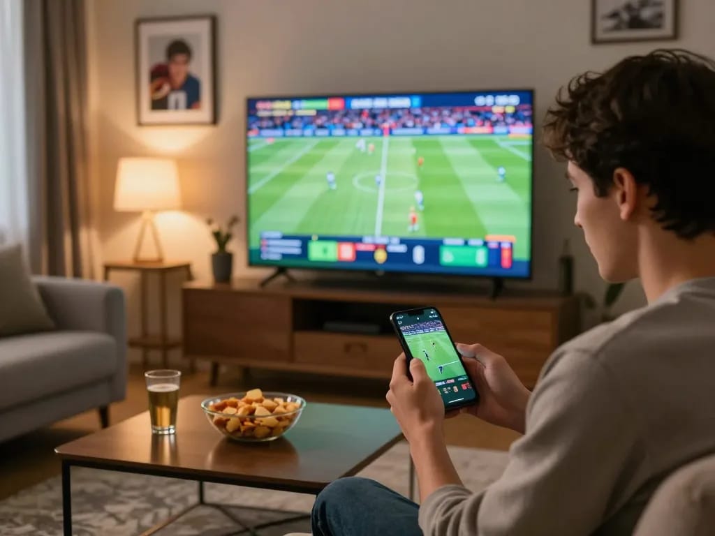 Engaging in sports betting on smartphone and checking LINK GO99 odds in cozy living room.