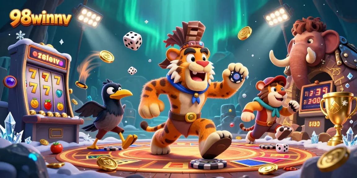 Play dynamic slot games at 98winnv, showcasing a vibrant casino atmosphere with colorful characters.