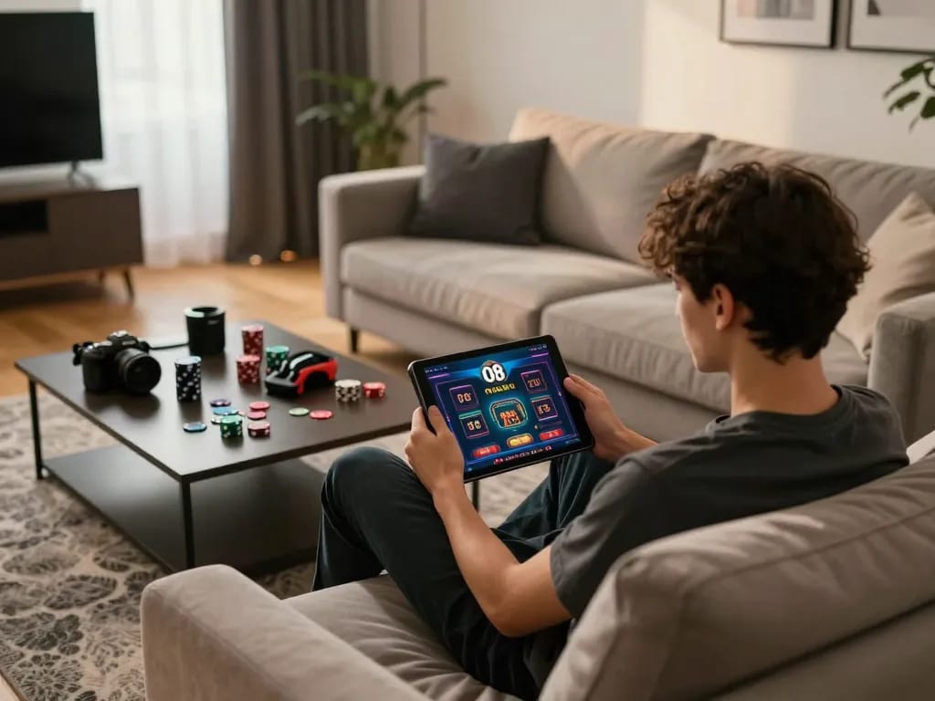 Player enjoying O8 online casino gaming on a tablet in a cozy living room setting