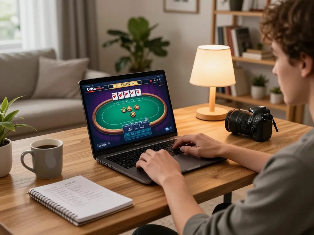 Engaged user playing poker online at https://fabett.cn.com/ with vibrant graphics and strategy notes nearby.