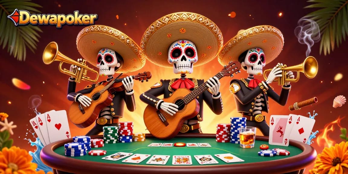 Dewapoker illustrates a vibrant mariachi band celebrating at a lively poker table scene.