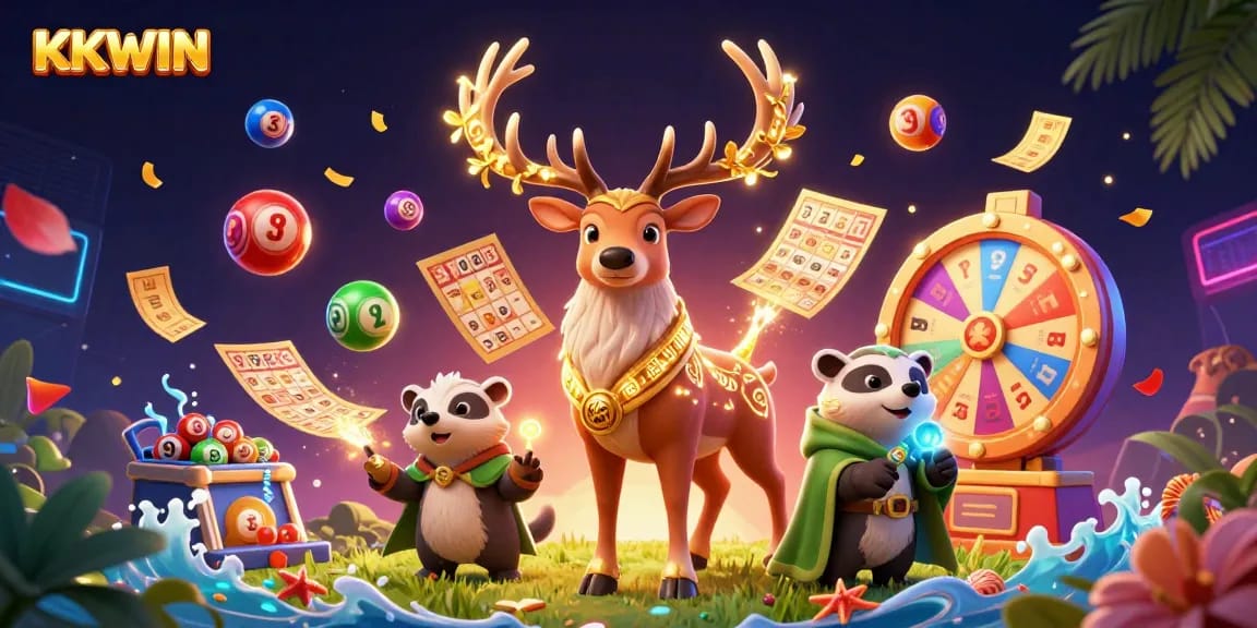 KKWIN offers thrilling lottery experiences with vibrant characters surrounded by floating interactive game elements.