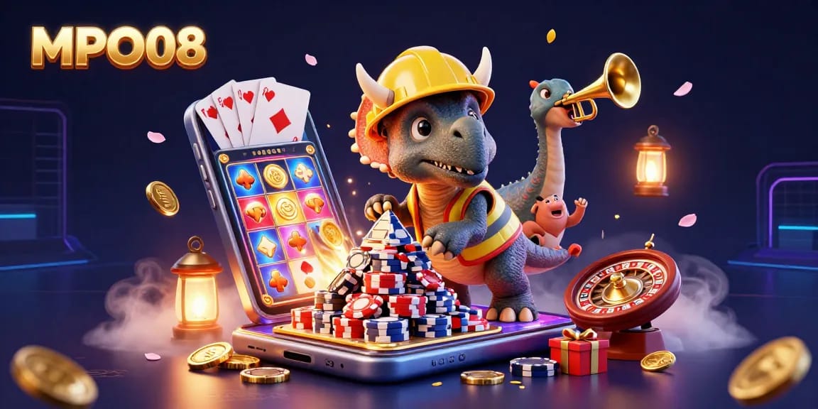 MPO08 unleashes a vibrant casino scene with dynamic characters building excitement around interactive gaming elements.