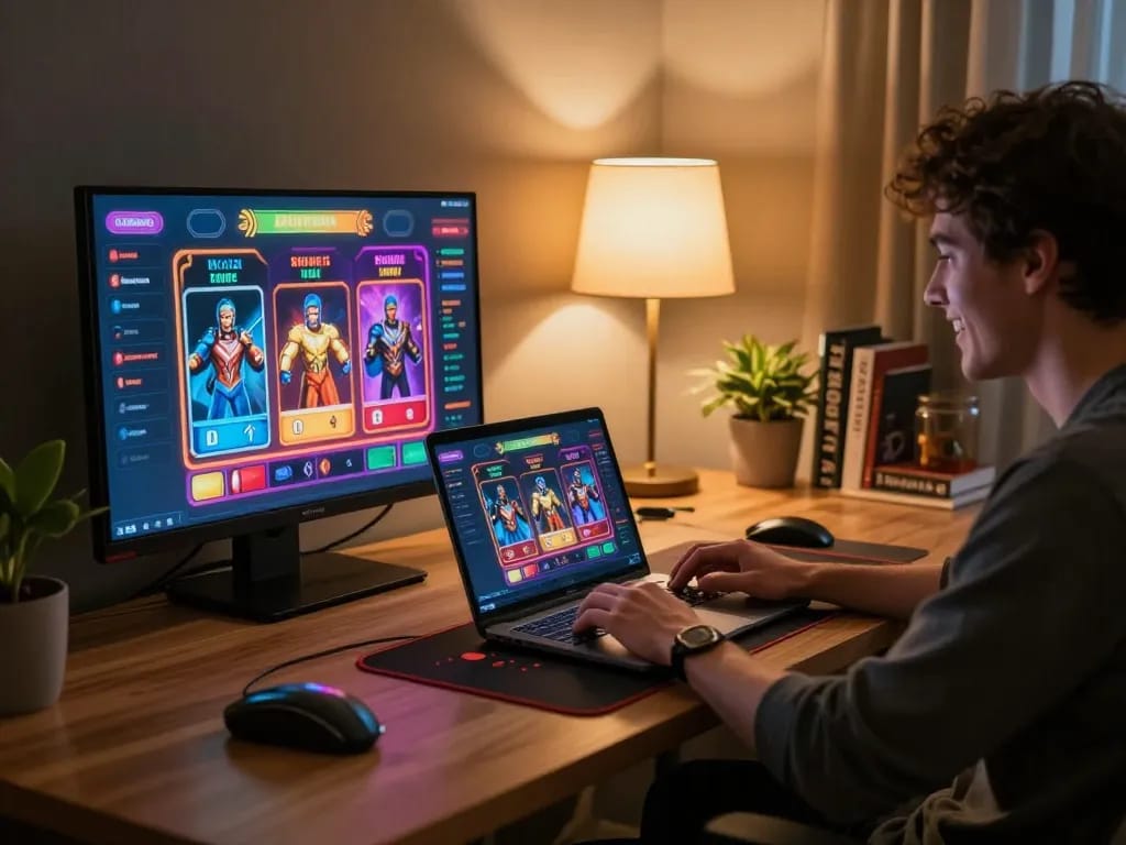 Player engaging in online casino games at trang chủ dn88 with a laptop in a cozy home office setting