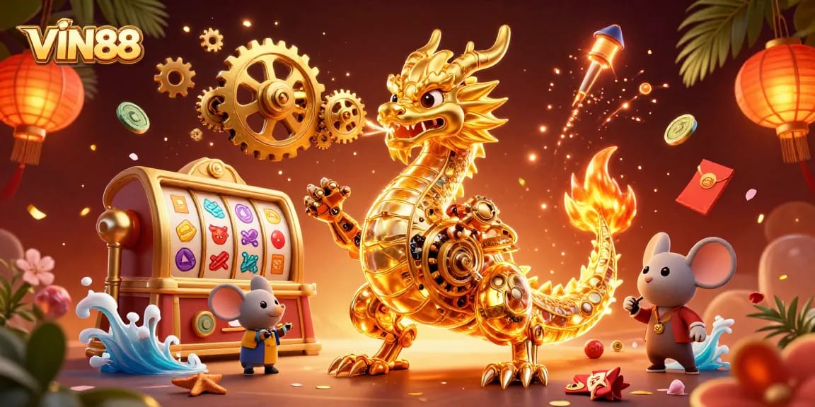 Spin the slot reels and unleash golden treasures with VIN88 in this vibrant casino scene.