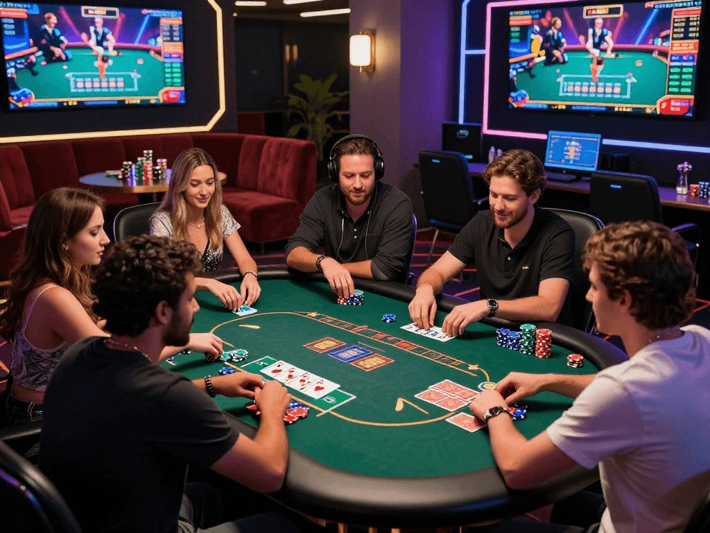 Giocatori entusiasti nei casino non AAMS, immersi in un'atmosfera di lusso e tecnologia.