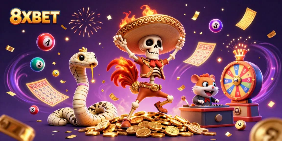 8XBET invites players to win with engaging lottery games featuring lively characters and vibrant elements.