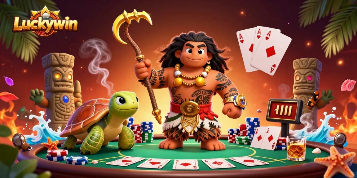 Luckywin characters engage in thrilling poker action amidst vibrant casino elements.