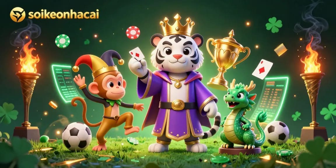 Engage in sports betting action with soikeonhacai featuring a royal tiger, jester monkey, and animated dragon.