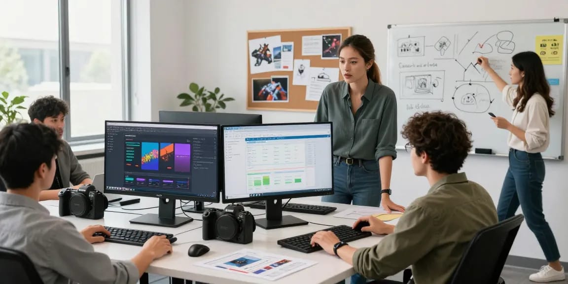 Engaging iGaming link building strategies in a dynamic marketing office environment with monitors and gaming elements.