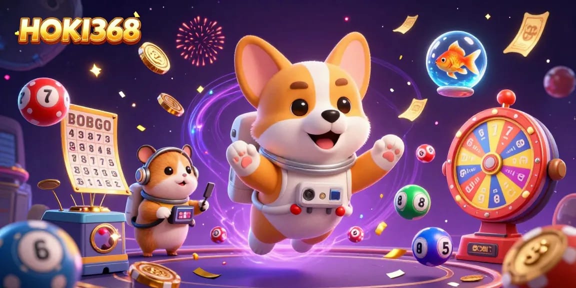 HOKI368 features a playful astronaut corgi and friends in a vibrant space casino adventure.