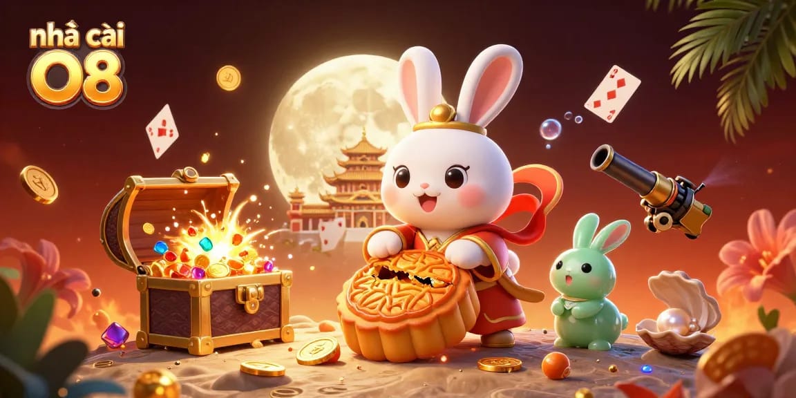 Play and win at nhà cái O8, featuring a dynamic scene with a moon rabbit and poker chips.