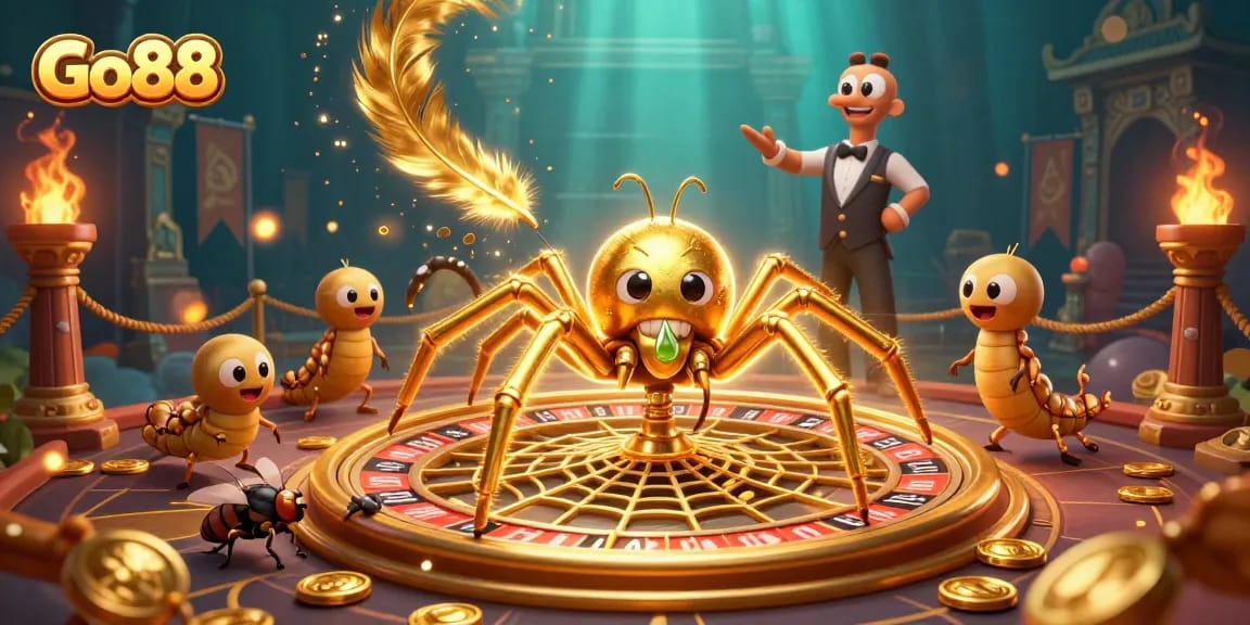 Engage your luck at Go88 with the golden spider's roulette web and dramatic betting scene.