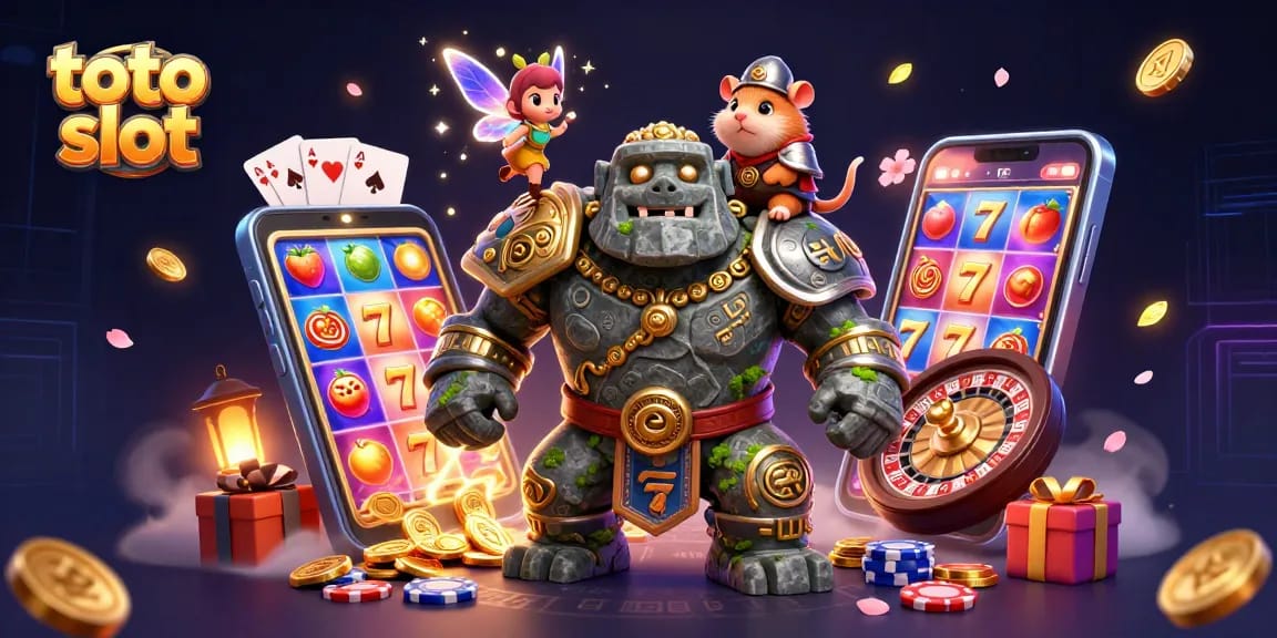 Menangkan toto slot dengan slot game penuh warna mengelilingi golem berbatu dan hamster kesatria.