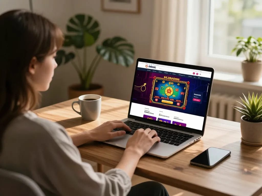 Engaged player accessing nhà cái debet for online casino games in a cozy home setting.