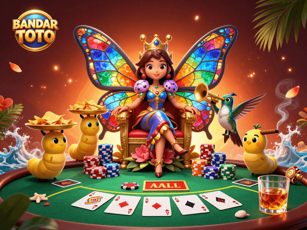 BANDAR TOTO delights players in an exciting poker scene with vibrant elements and a majestic butterfly queen.