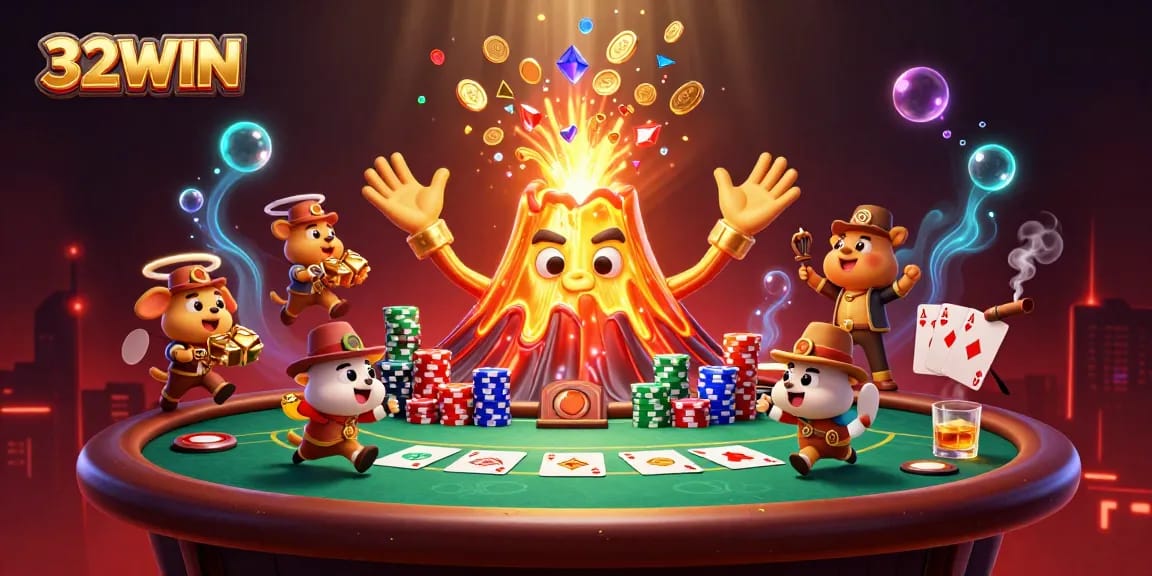 Win big with 32WIN at the casino, a triumphant volcano surrounded by treasure and poker excitement.