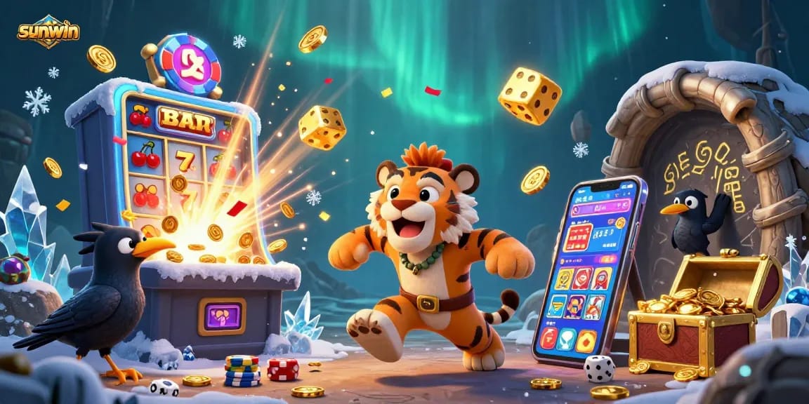 Experience thrilling wins at sunwin with a caveman duo and sabertooth tiger in a colorful casino.