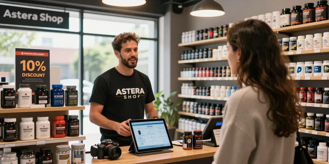 Explore Astera Shop's lab-tested steroid products in a modern, engaging retail setting.