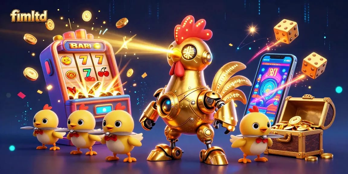 Play at fimltd, featuring vibrant golden rooster robot and dynamic casino elements!