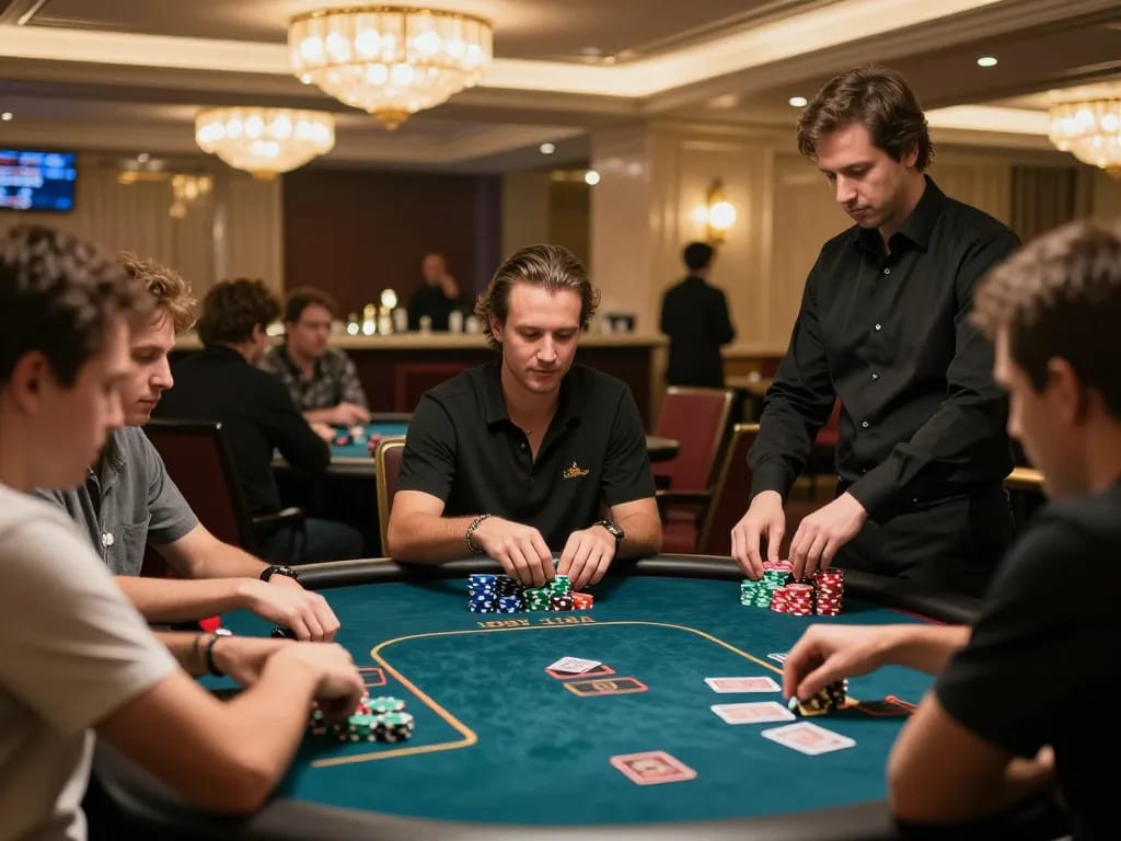 Players at O8 hair poker table placing bets and strategizing during an intense game.