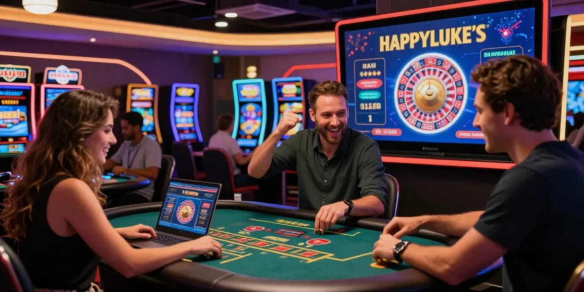 HappyLuke's vibrant virtual casino scene showcasing players enjoying live games, capturing the excitement and thrill of online gaming.