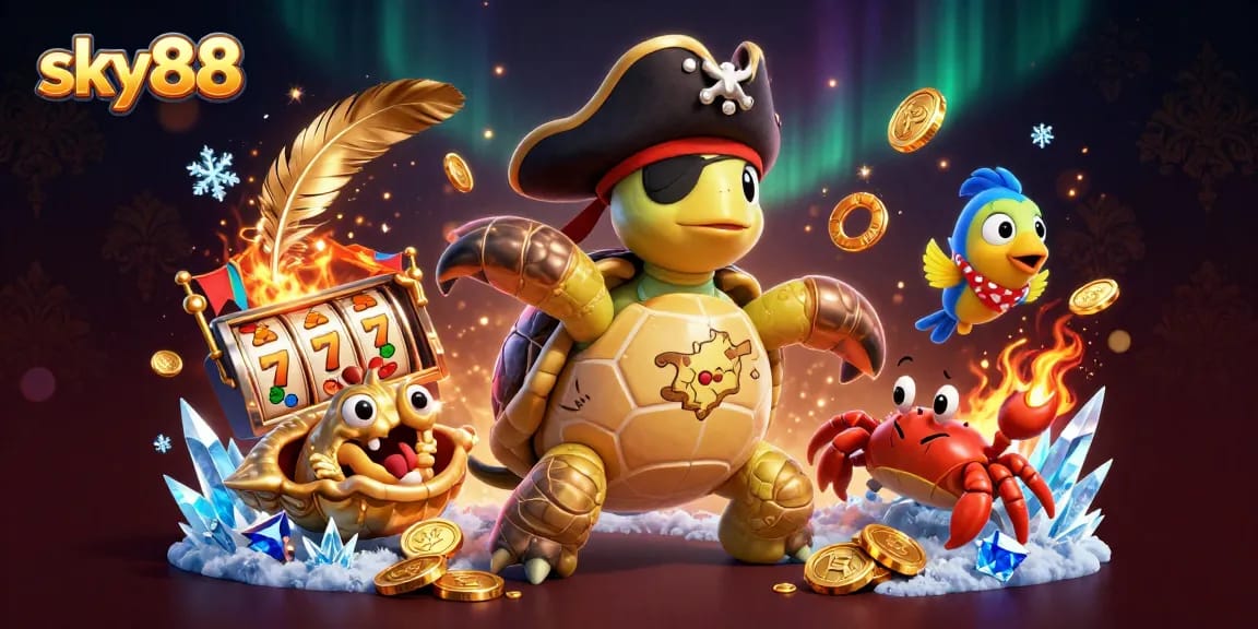 Bet on exciting adventures with sky88, featuring a cartoon pirate turtle, golden treasures, and slot reels.