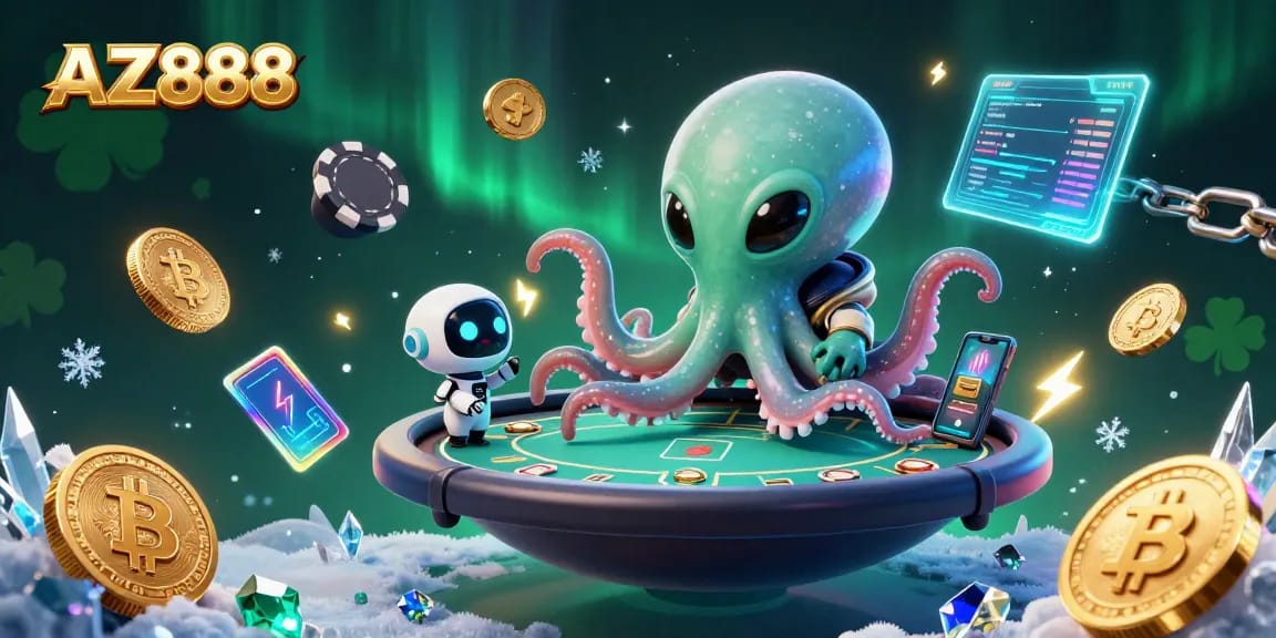 Play poker with fun alien characters and crypto elements in the AZ888 space casino scene.