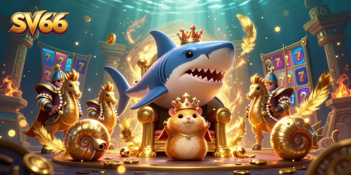 Experience thrilling gameplay at SV66 with the golden hamster king presiding over slots and vibrant gaming elements.