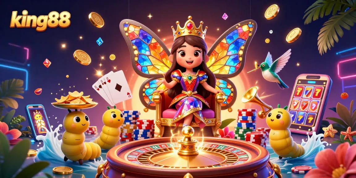 king88's vibrant casino scene featuring a butterfly queen and dynamic game elements.