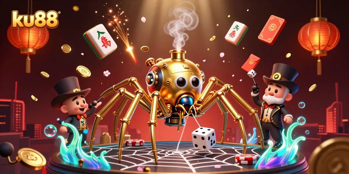 ku88 illustrates a steampunk spider capturing dice within a vibrant, fantasy casino scene.
